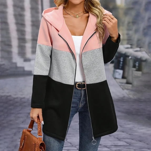 YUNAFFT Color Block Hooded Casual Jacket with Zipper Detail Long Sleeve Lightweight Outwear for Women