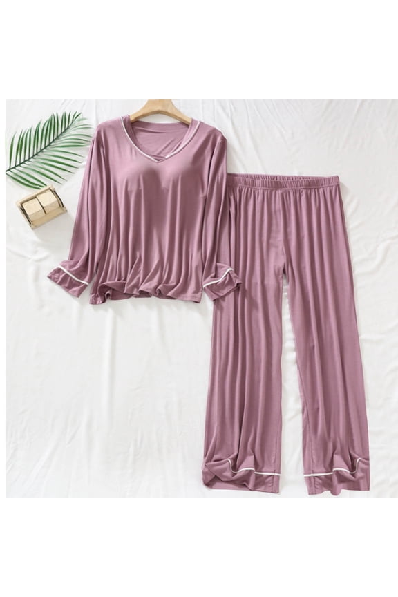 Comfortable Modal V-Neck Sleepwear Set with Built-In Bra for Women Soft Loungewear Pajamas Set with Pants