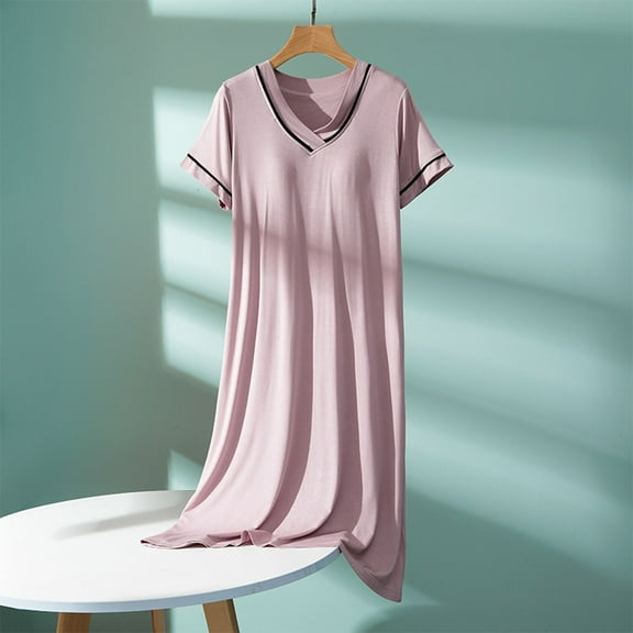 YUNAFFT Comfortable Nightdress for Women with V-Neck Built-In Bra Short Sleeve Contrast Trim Soft Sleepwear