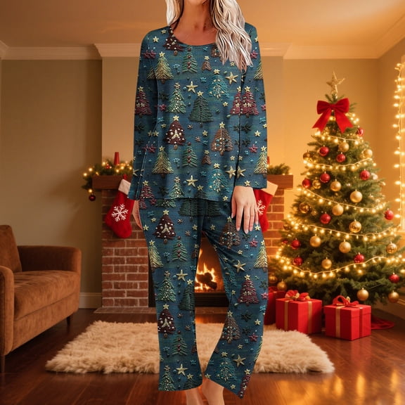 YUNAFFT Cozy Christmas Print Women's Pajama Set with Round Neck Long Sleeve Top and Pants Brushed Lining for Holiday Comfort