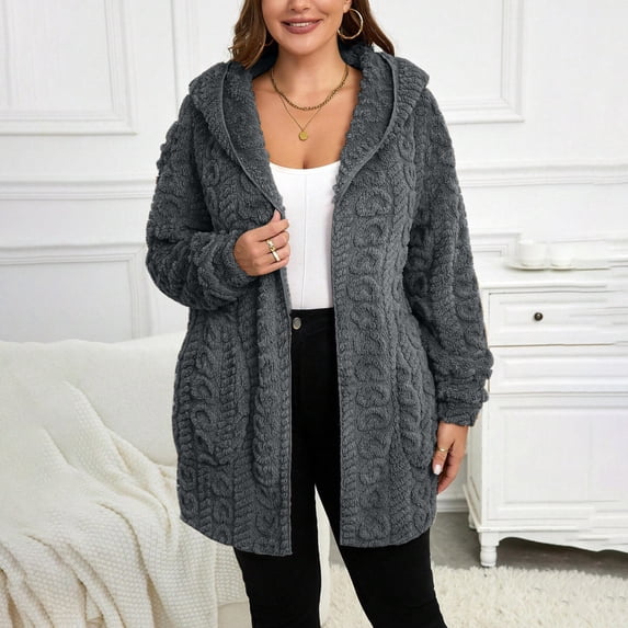 YUNAFFT Cozy Fleece Hooded Jacket with Front Pockets Loose Fit Casual Outerwear for Women