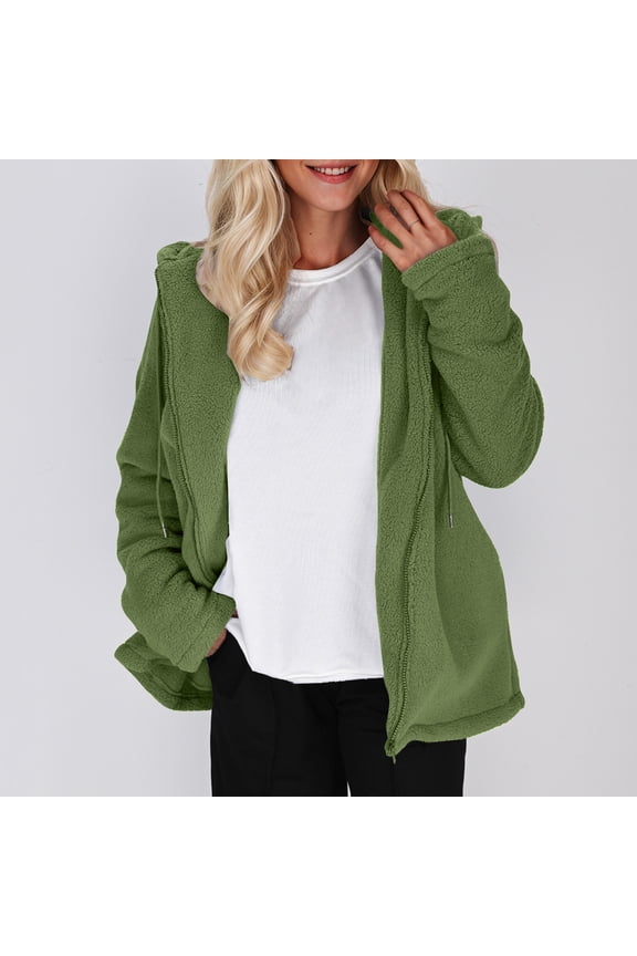Cozy Fleece Hooded Jacket with Zipper Pockets Warm Winter Casual Outwear for Women
