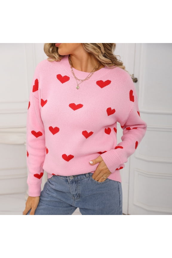Cozy Heart Pattern Round Neck Pullover Sweater Top for Women