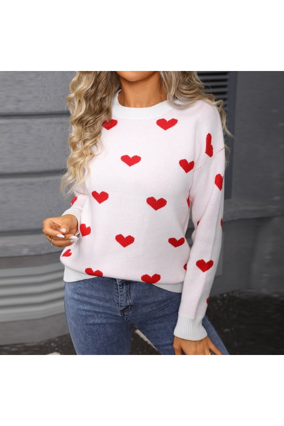 Cozy Heart Pattern Round Neck Pullover Sweater Top for Women