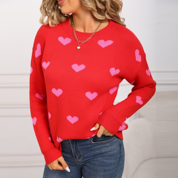 YUNAFFT Cozy Heart Pattern Round Neck Pullover Sweater Top for Women