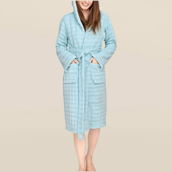 YUNAFFT Cozy Hooded Terry Bathrobe for Women with Belt Tie Waist Soft Absorbent Fabric Winter Warm Lounge Wear