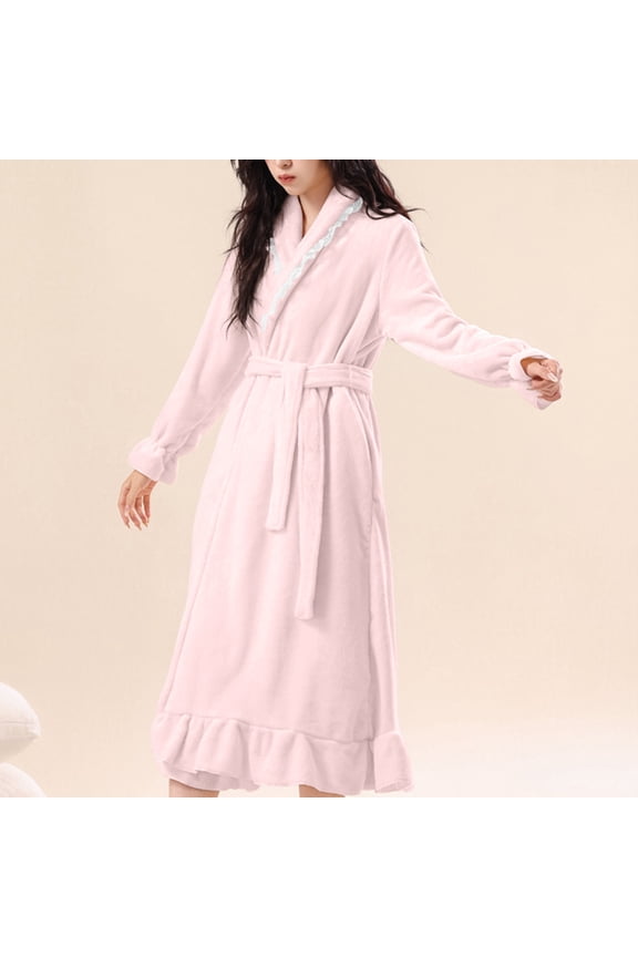 Cozy Long Sleeve Solid Bathrobe with Pockets and Ruffle Hem for Women