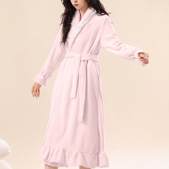 YUNAFFT Cozy Long Sleeve Solid Bathrobe with Pockets and Ruffle Hem for Women