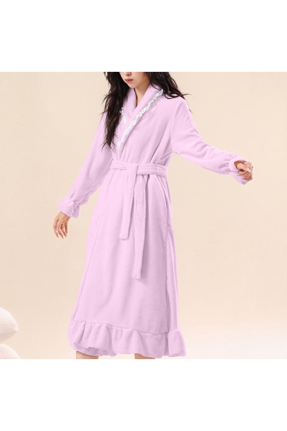 Cozy Long Sleeve Solid Bathrobe with Pockets and Ruffle Hem for Women
