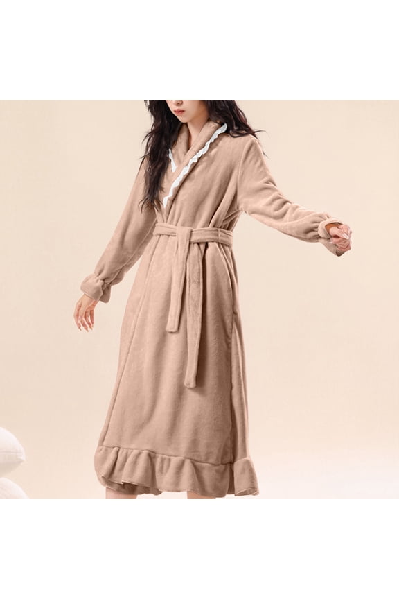 Cozy Long Sleeve Solid Bathrobe with Pockets and Ruffle Hem for Women