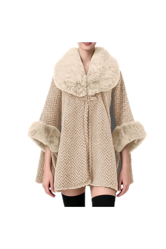 Cozy Oversized Plus Size Cape Cardigan with Faux Fur Collar Thickened Warm Mid-Length Open Front Poncho for Women