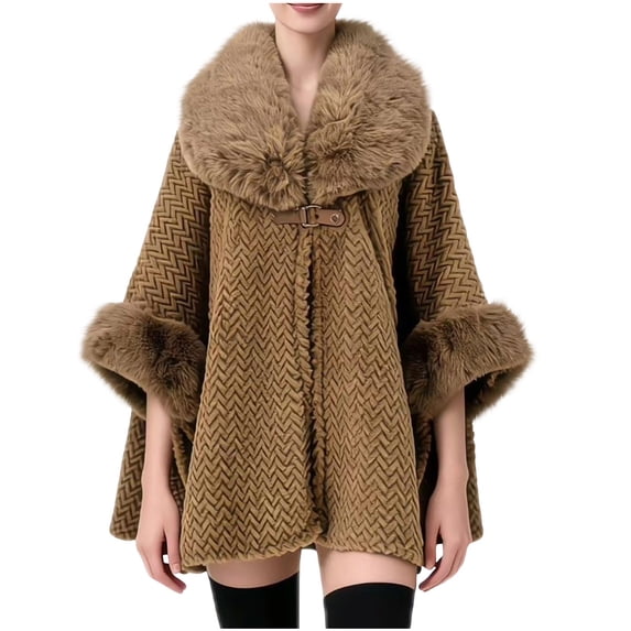 YUNAFFT Cozy Oversized Plus Size Cape Cardigan with Faux Fur Collar Thickened Warm Mid-Length Open Front Poncho for Women