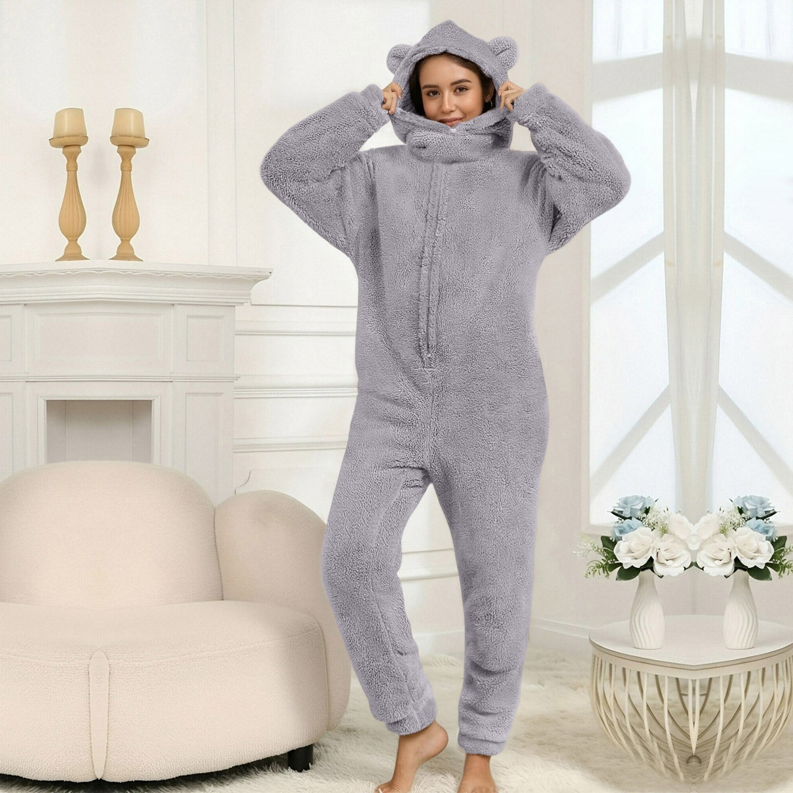 YUNAFFT Cozy Plush Solid Color Hooded Jumpsuit with Long Sleeve