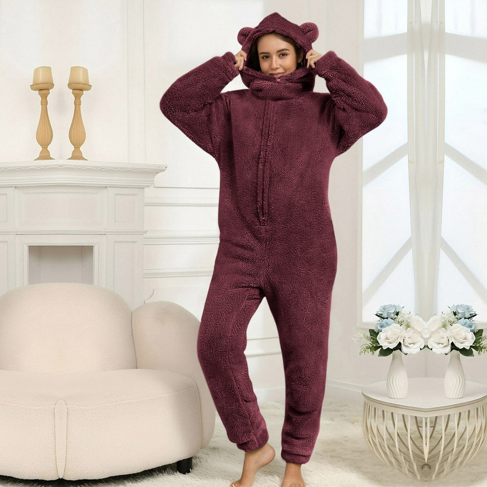 YUNAFFT Cozy Plush Solid Color Hooded Jumpsuit with Long Sleeve
