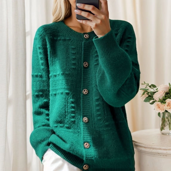 YUNAFFT Cozy Round Sleeve Button Front Cardigan Sweater with Jacquard Pattern for Women