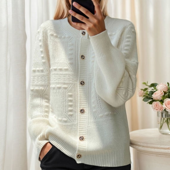 YUNAFFT Cozy Round Sleeve Button Front Cardigan Sweater with Jacquard Pattern for Women