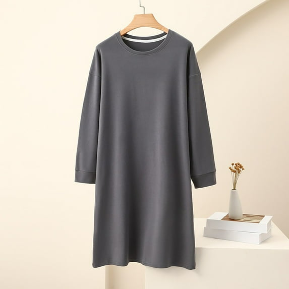 YUNAFFT Cozy Solid Color Brushed Flannel Nightgown with Round Neck and Long Sleeves for Women Loose Fit Mid-Calf Sleepwear