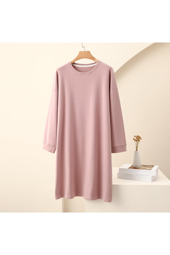 Cozy Solid Color Brushed Flannel Nightgown with Round Neck and Long Sleeves for Women Loose Fit Mid-Calf Sleepwear