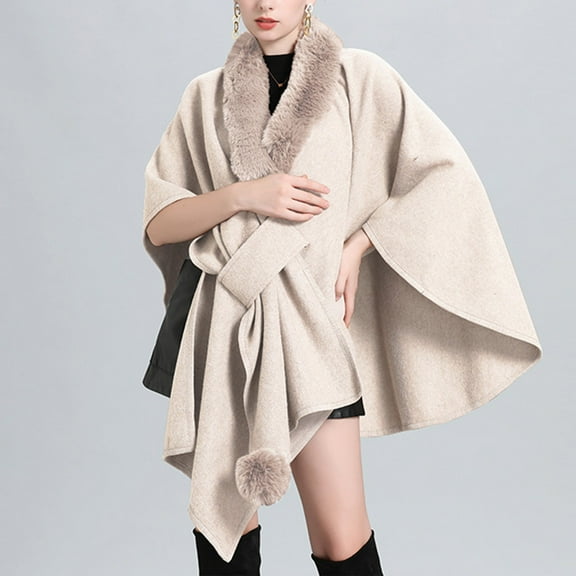 YUNAFFT Cozy Solid Color Faux Fur Collar Cape Cardigan for Women - Warm Loose Fit Casual Knitwear with Front Button Closure