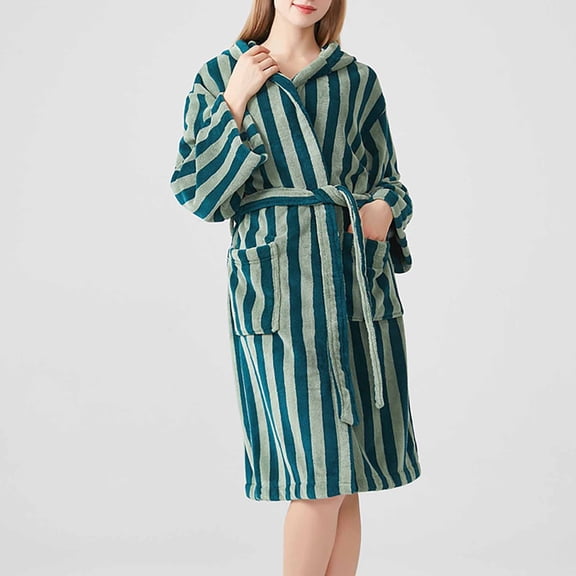 YUNAFFT Cozy Striped Hooded Long Bathrobe for Women - Plush Fleece Thickened Warm Loose Fit Winter Home Pajamas
