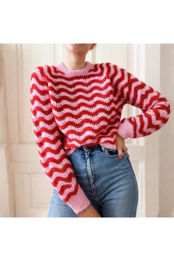 Cozy Wave Stripe Knit Sweater with Round Neck Long Sleeve Casual Top for Women