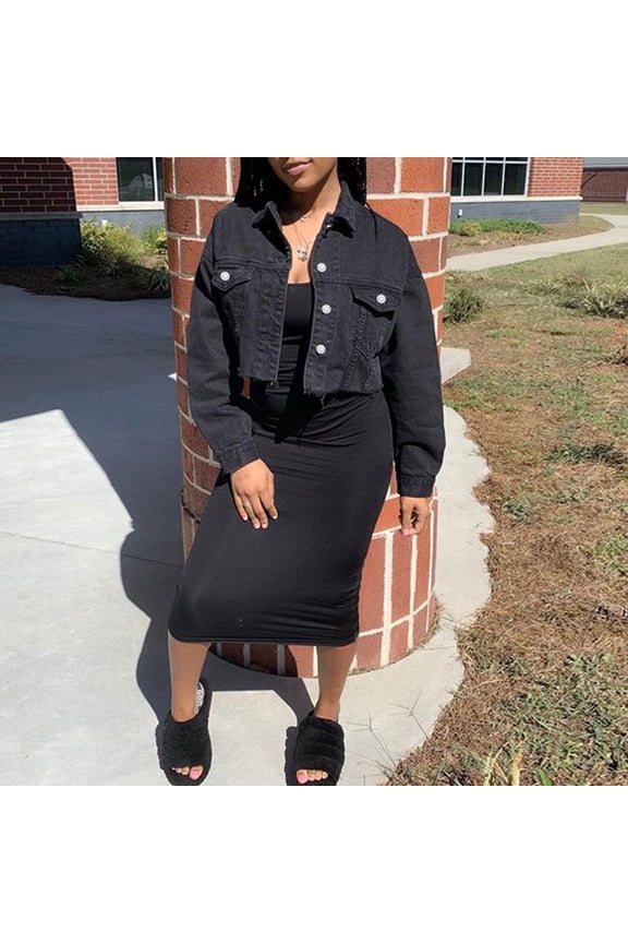 Denim Jacket for Women Short Distressed with Lapel Collar Raw Hem and Button Front Casual Cropped Coat