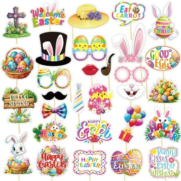 YUNAFFT Easter Photo Booth Props Kit, Happy Easter Photo Props for Photoshoot Cute Easter Eggs Bunny Selfie Photobooth Props Spring Photo Booth Props for Easter Party Decoration Supplies