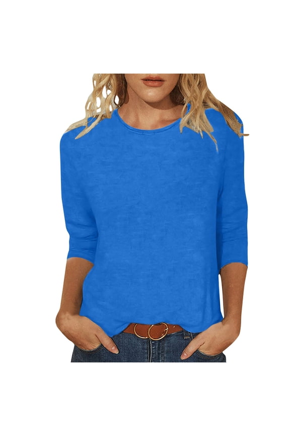 Easter Women's Fashion Solid T-shirt Mid-length 3/4 Sleeves Blouse Round Neck Casual Tops