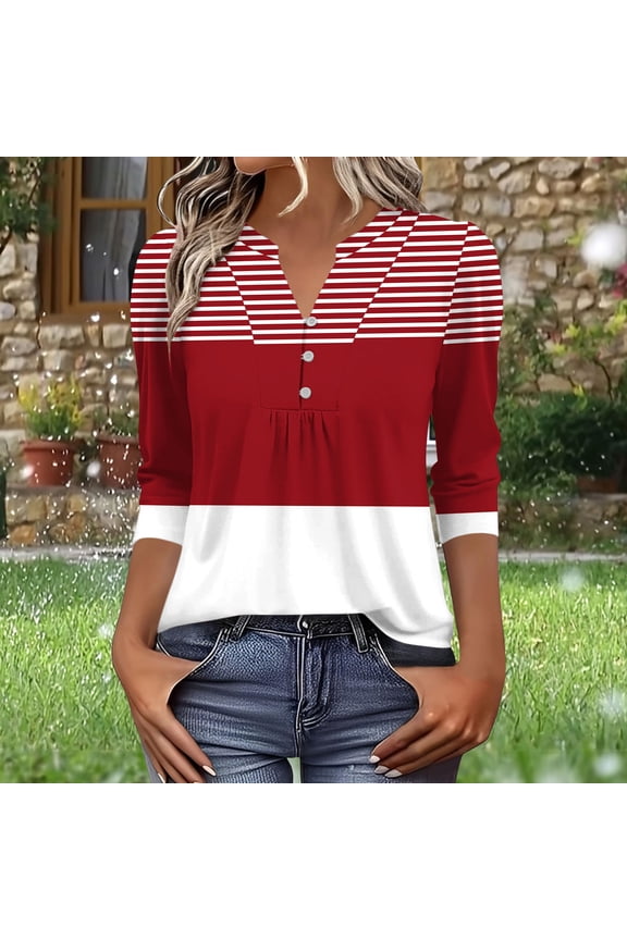 Elegant Button Detail Ruffle Print V-Neck Loose Fit Blouse with Three-Quarter Sleeves Stretchy Comfortable Polyester Spandex Mix Top for Women Casual Wear