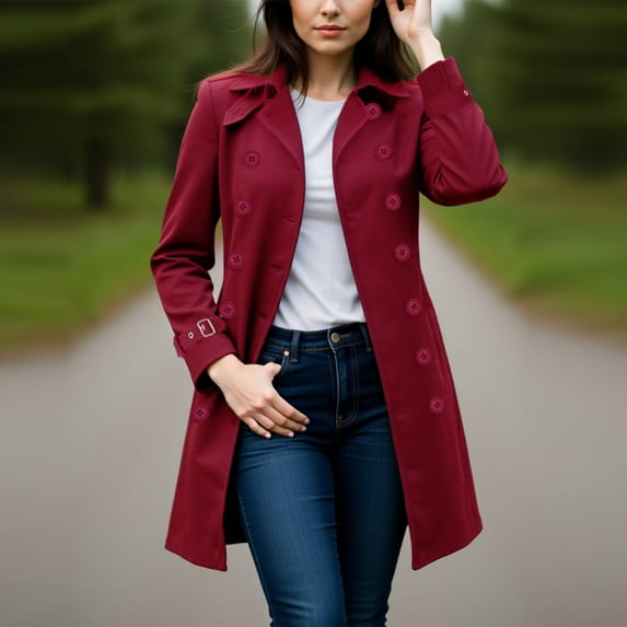 YUNAFFT Elegant Classic Double-Breasted Trench Coat for Women with Notch Lapel Long Sleeve Button Cuff Detail Mid-Length Solid Color Casual Outerwear