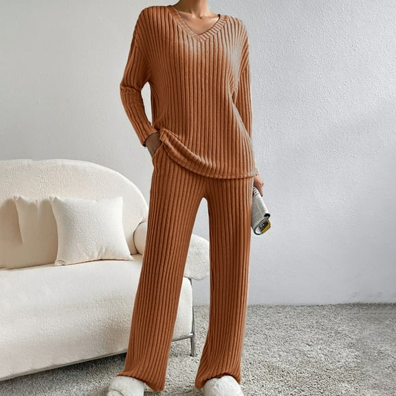 YUNAFFT Elegant Ribbed Knit Long Sleeve Top and Pants Women Two Piece Set Casual Outfit