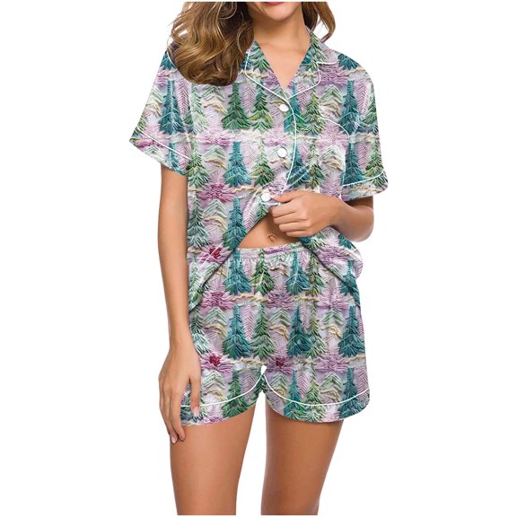 YUNAFFT Festive Christmas Print Satin Pajama Set for Women with Short Sleeve Top and Pants