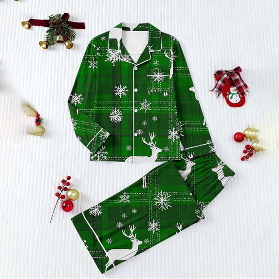 YUNAFFT Festive Print Notch Collar Sleepwear Set for Women with Long Sleeve Top and Pants