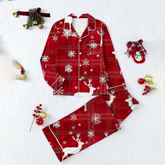 YUNAFFT Festive Print Notch Collar Sleepwear Set for Women with Long Sleeve Top and Pants