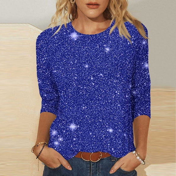 YUNAFFT Floral Print Three-Quarter Sleeve Round Neck Pullover Casual Blouse for Women with Stretchy Comfort Fit Everyday Wear