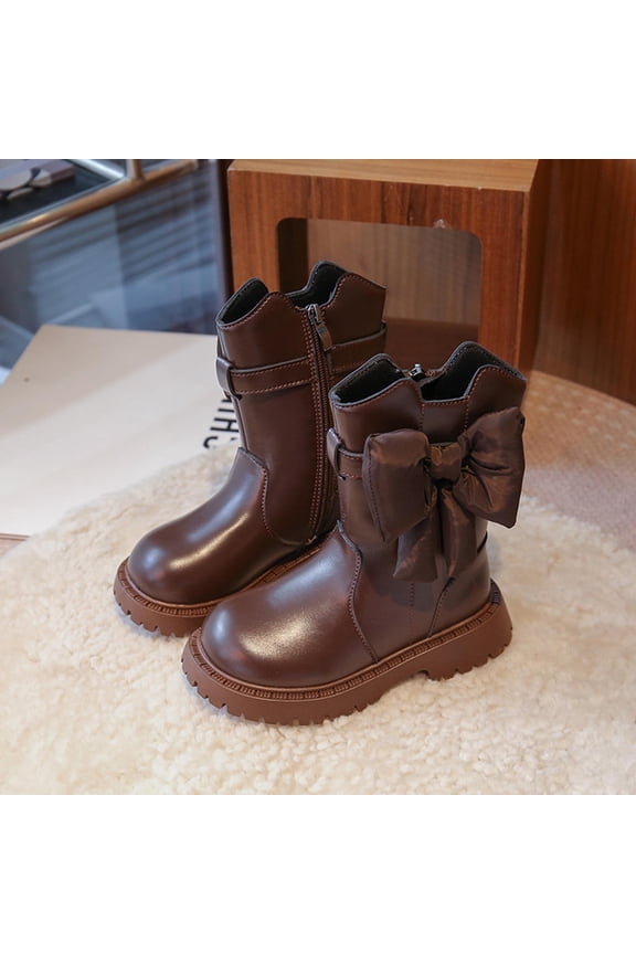 Girls Bow Decor Mid Calf Boots Chunky Block Heel Round Toe Fashion Booties for 3-12 Years