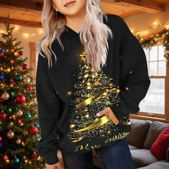 YUNAFFT Girls & Boys Christmas Print Hooded Sweatshirts With Pockets Soft Stretch Long Sleeve Casual Pullover For 2-12 Years