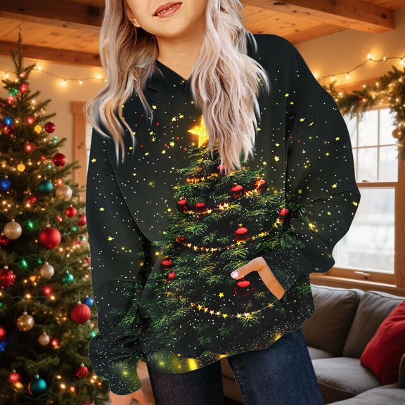 YUNAFFT Girls & Boys Christmas Print Hooded Sweatshirts With Pockets Soft Stretch Long Sleeve Casual Pullover For 2-12 Years