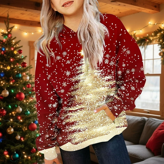 YUNAFFT Girls & Boys Christmas Print Hooded Sweatshirts With Pockets Soft Stretch Long Sleeve Casual Pullover For 2-12 Years
