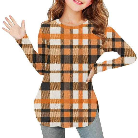YUNAFFT Girls Checkered Long Sleeve Tops with Side Slit Hem Soft Stretchy Fabric Comfort Fit Casual T-Shirts for 2-12Y