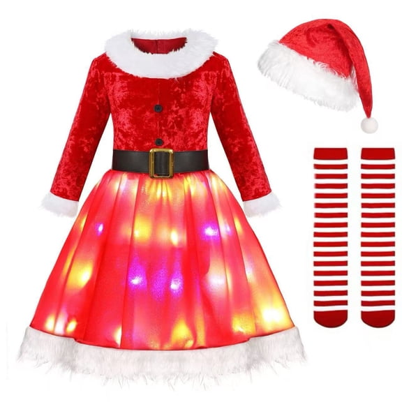 YUNAFFT Girls Christmas Costume Light-Up Santa Dress with LED Lights and Accessories Set for Holiday Role Play, Stage Performance