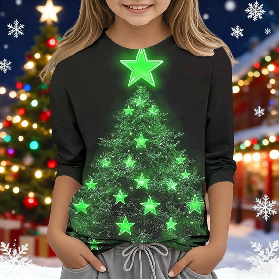 YUNAFFT Girls Christmas Print Casual 3/4 Sleeve Round-Neck Blouses & Shirts Cotton-Like Comfort Fit Elastic 4-14Y