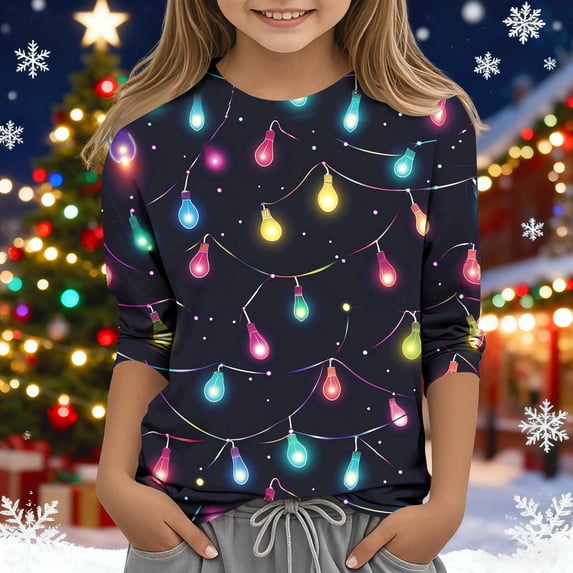 YUNAFFT Girls Christmas Print Casual 3/4 Sleeve Round-Neck Blouses & Shirts Cotton-Like Comfort Fit Elastic 4-14Y
