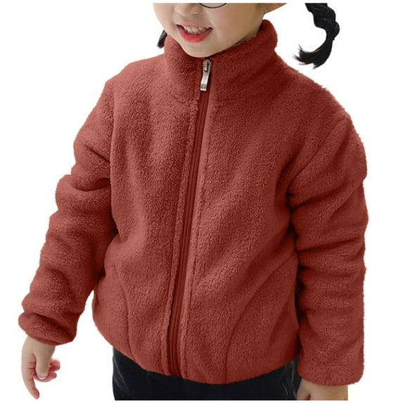YUNAFFT Girls Coral Fleece Jacket Soft Thermal Winter Coat 2-12Y Stand Collar Full Zip Casual Outerwear Solid Color Plush Cozy Loose Fit No Hood