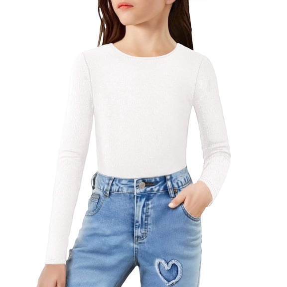 YUNAFFT Girls Fleece-Lined Thermal Long Sleeve T-Shirts Warm Winter Pure Color Round Neck Casual Layering Top for 1-15Y