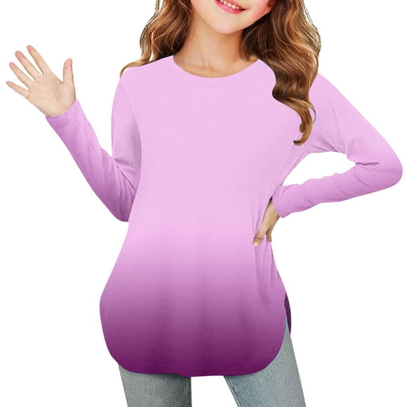 YUNAFFT Girls' Gradient Color Long Sleeve T-Shirt with Side Slit Hem 2-12Y Soft Stretch Polyester-Spandex Blend Casual Comfort Fit Kids Fashion