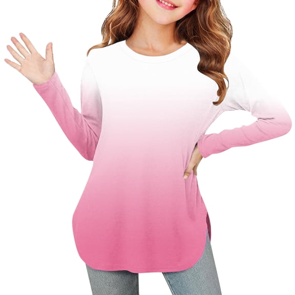 YUNAFFT Girls Gradient Color Long Sleeve Tee Side Slit Hem Round Neck Stretchy Casual Top for 6-12 Years