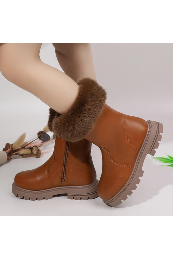 Girls High Boots Fleece-Lined Solid Casual Winter Cozy Fur Trim Ankle Warm