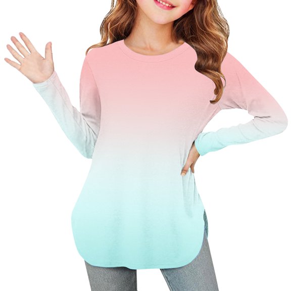 YUNAFFT Girls Long Sleeve Round-Neck Shirts Ombre Design Side Slits Cotton-Like Stretchy Blouse For 4-14Y