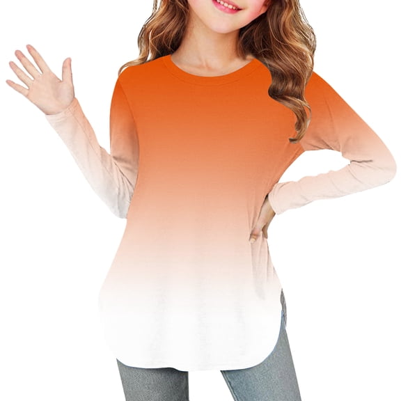 YUNAFFT Girls Long Sleeve Round-Neck Shirts Side Slit Casual Daily Wear Soft Stretch Polyester Blend Tops for 4-14Y